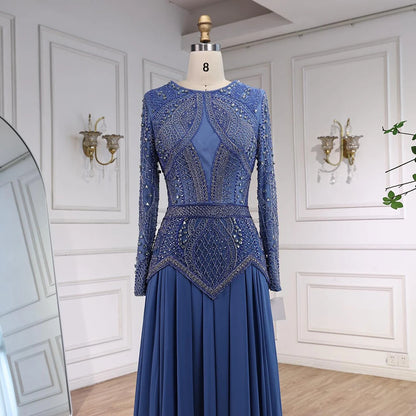 Luxury Designer Blue Beaded Evening Dress with Long Sleeves LA72962 - SERENE HILL