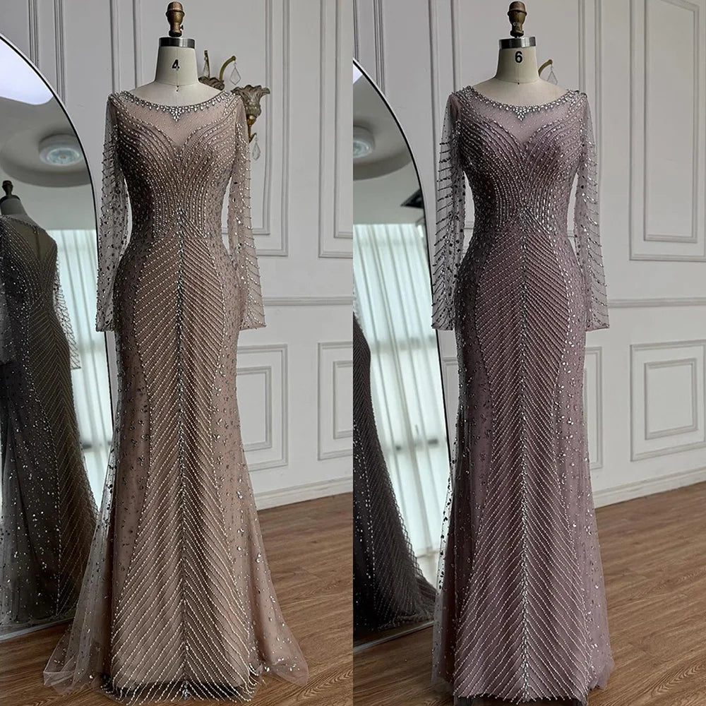 Luxury Arabic Silver Nude Beaded Mermaid Long Sleeve Evening Dress LA73132 - SERENE HILL