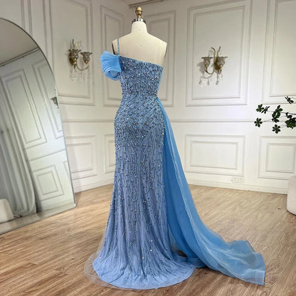 Luxury One Shoulder Blue Evening Dress with Overskirt LA72244A - SERENE HILL