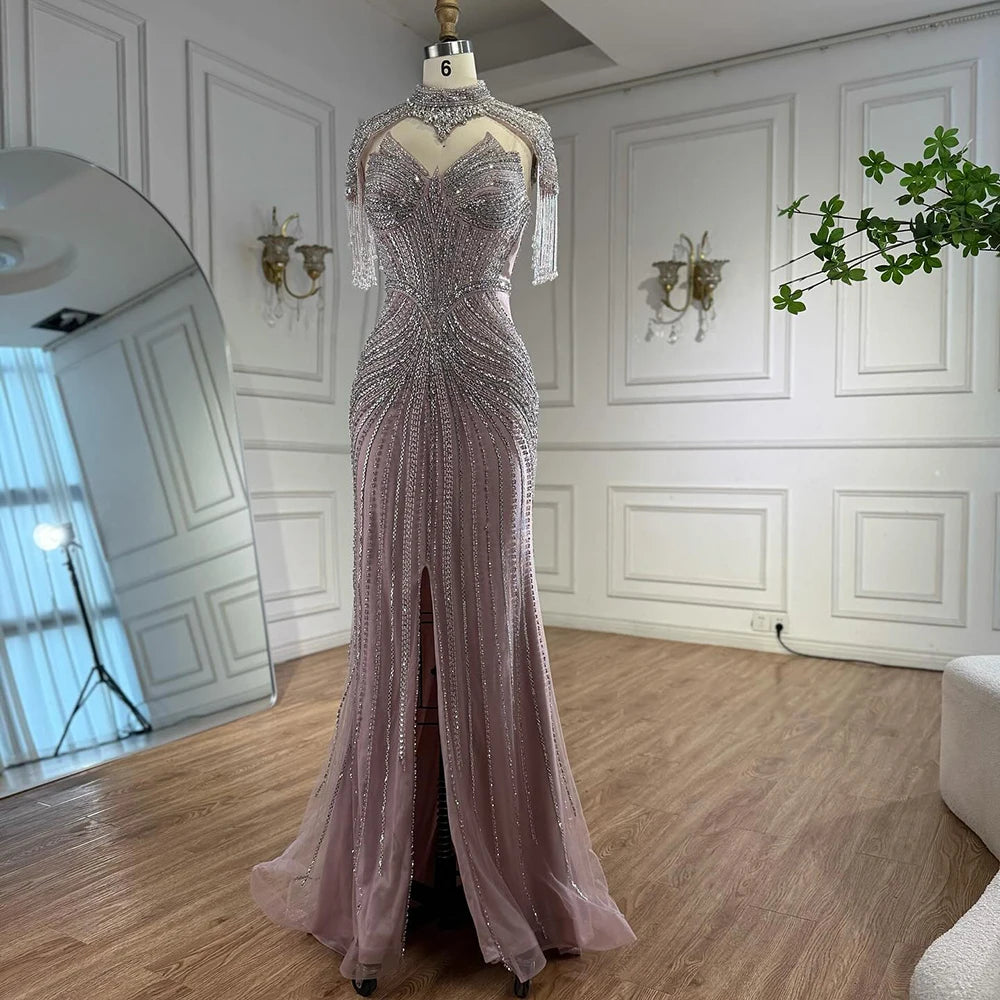 Nude Mermaid Evening Dress with Detachable High Neck Tassel LA72891A - SERENE HILL