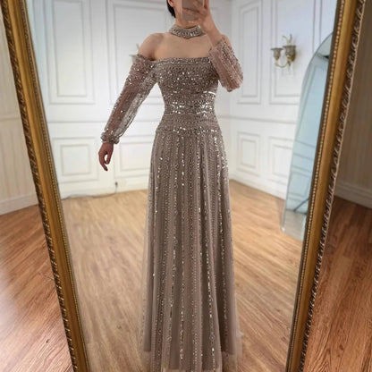 Luxury Caramel Off Shoulder Beaded Mermaid Evening Dress Long Sleeves LA73053 - SERENE HILL