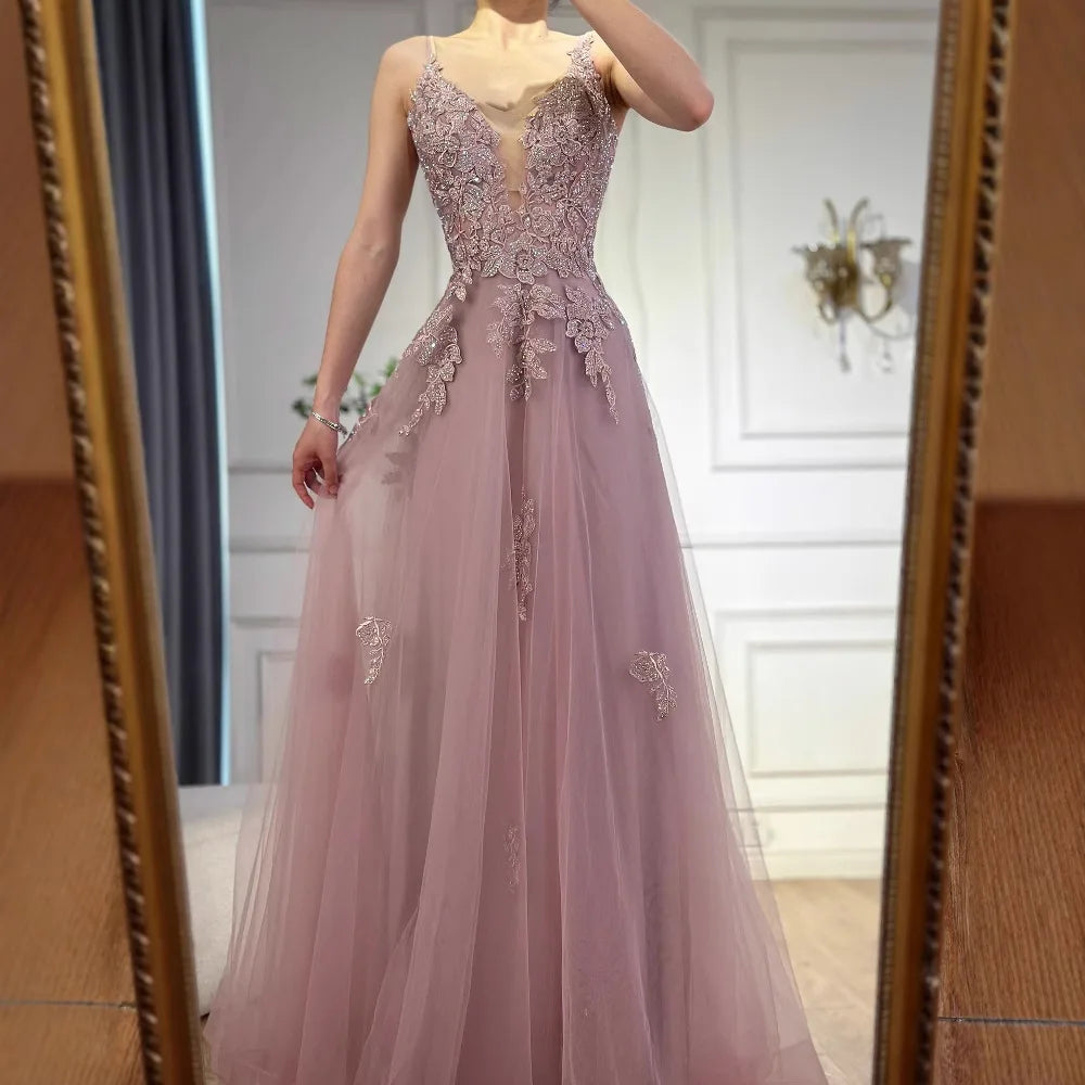 Luxury Sage Green Lace A-Line Prom Dress with Spaghetti Straps LA73005 - SERENE HILL