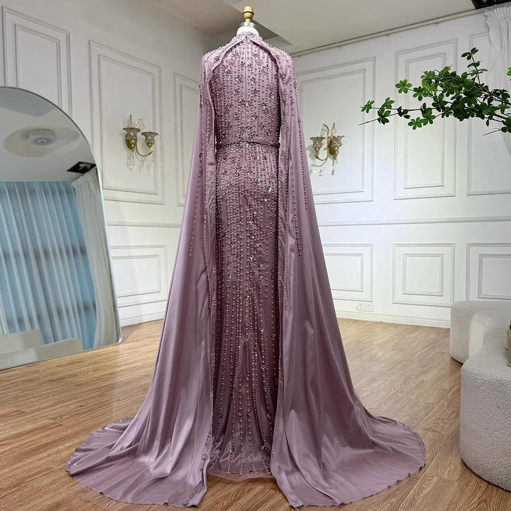 Modest Blue Muslim Beaded Evening Gown with Cape Sleeves LA72533 - SERENE HILL