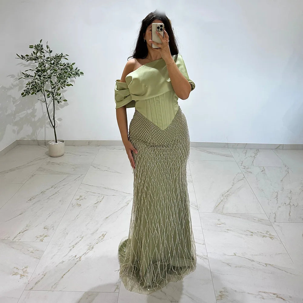Sage Green Off Shoulder Tassel Beaded Mermaid Evening Dress LA73037 - SERENE HILL