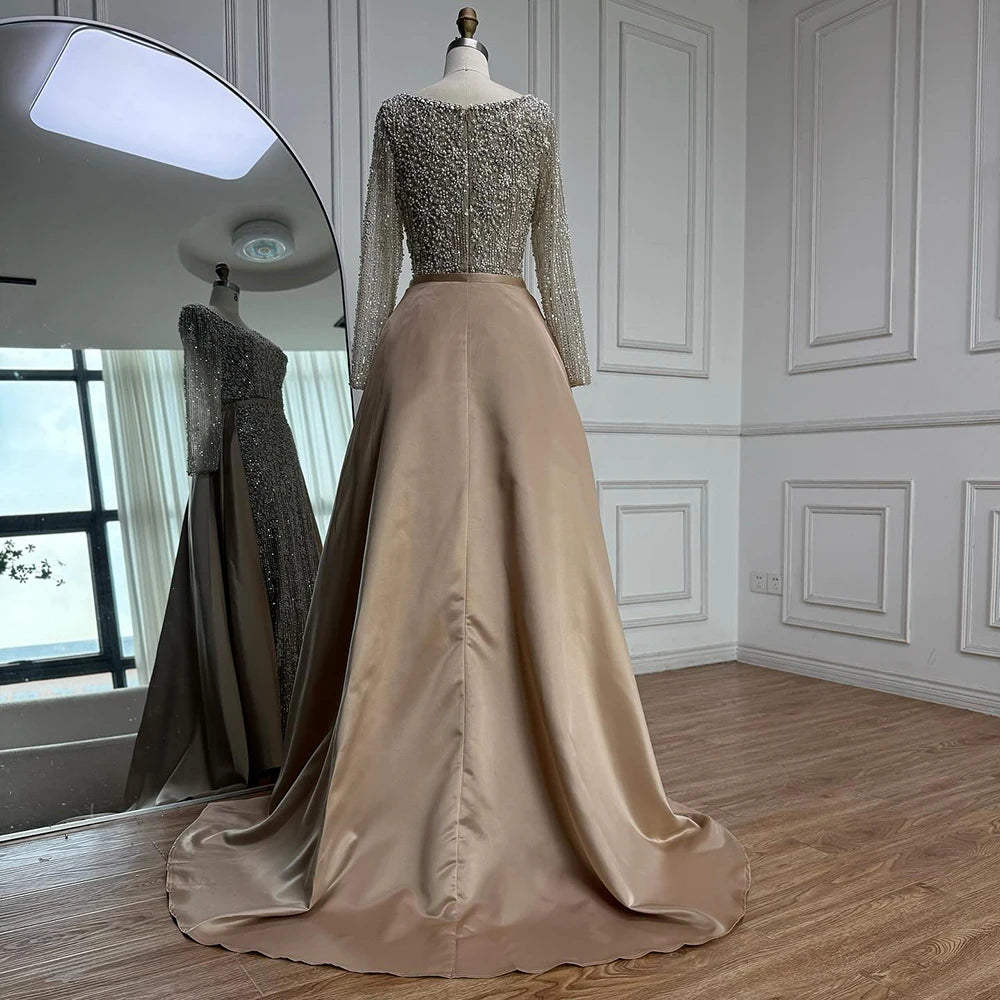 Luxury Dubai Arabic Muslim Caramel Mermaid Beaded Evening Gown with Overskirt LA72533A - SERENE HILL