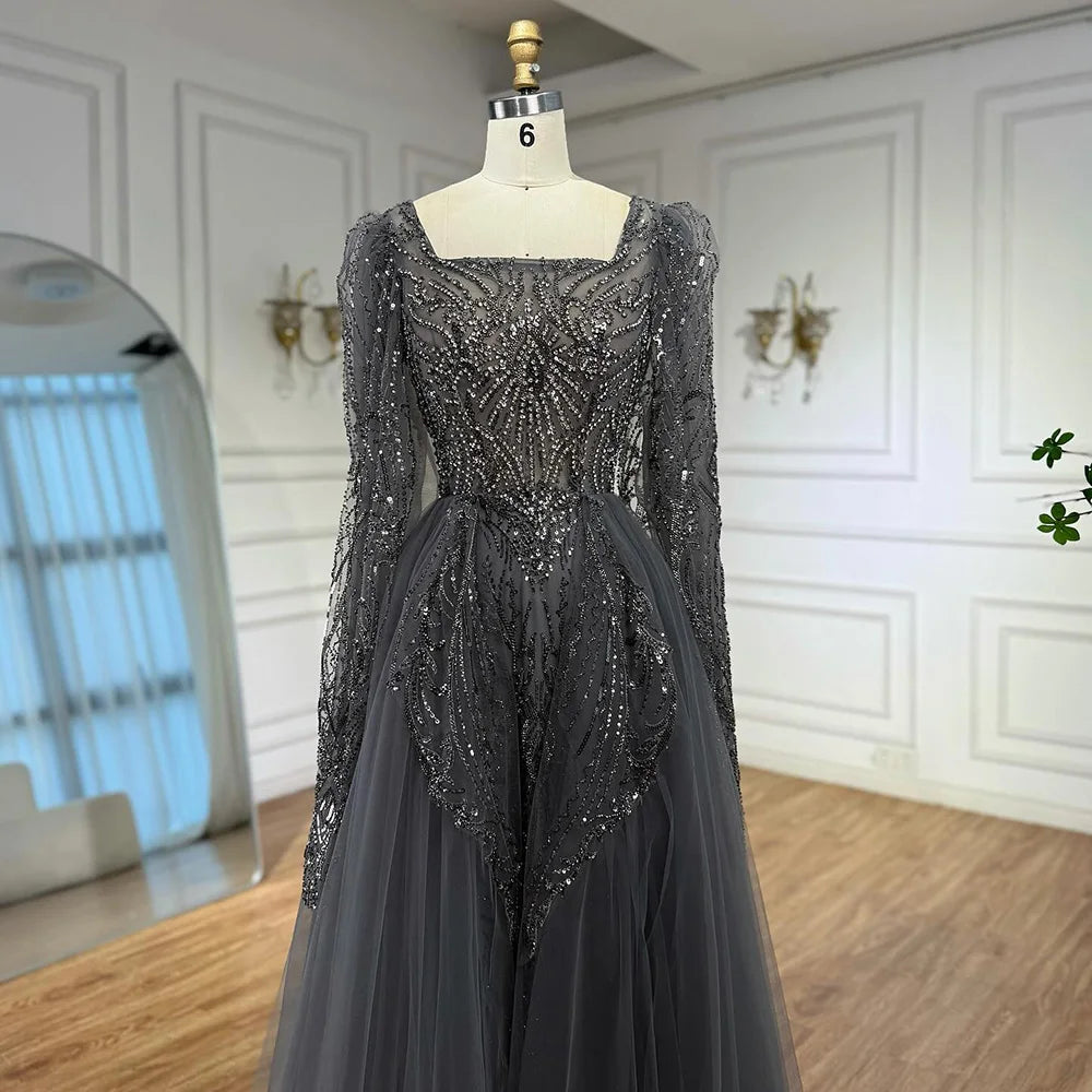 Luxury Gray A Line Beaded Evening Dress for Women LA73088 - SERENE HILL