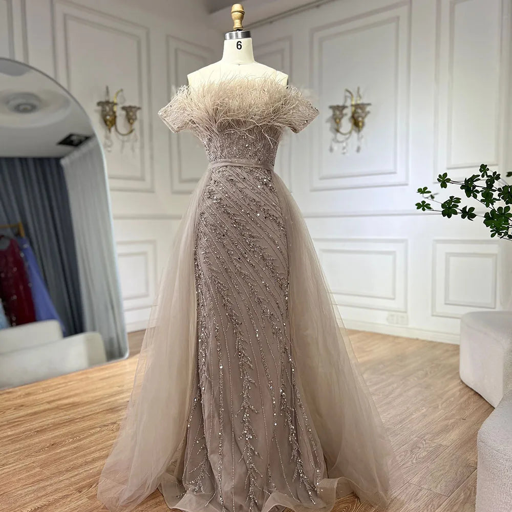Luxury Dubai Saudi Arabic Beaded Caramel Mermaid Elegant Evening Dresses Gowns with Overskirt for Formal Occasion LA71634A - SERENE HILL