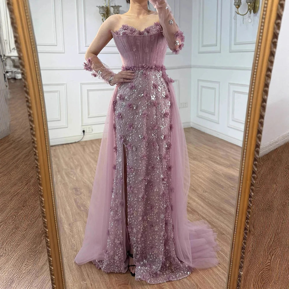 Elegant Pink 3D Floral High Slit Evening Gown with Gloves Overskirt LA72937 - SERENE HILL