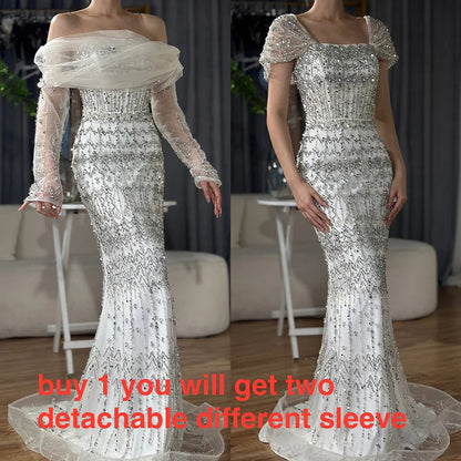 Luxury Dubai White Mermaid Beaded Evening Dress with Cape Sleeves LA72714 - SERENE HILL