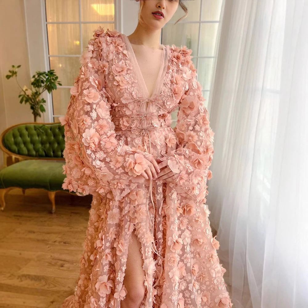 Blush Peach-Pink 3D Flowers Evening Dresses with Bell Long Sleeves LA72960 - SERENE HILL