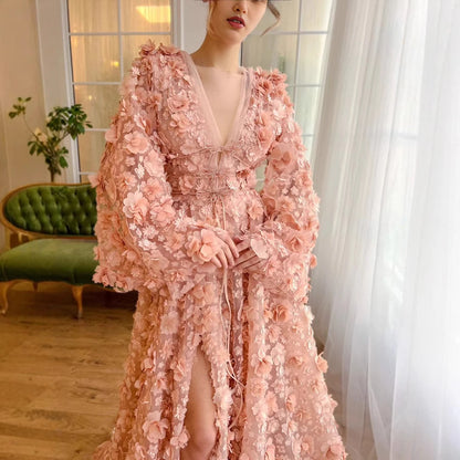 Blush Peach-Pink 3D Flowers Evening Dresses with Bell Long Sleeves LA72960 - SERENE HILL