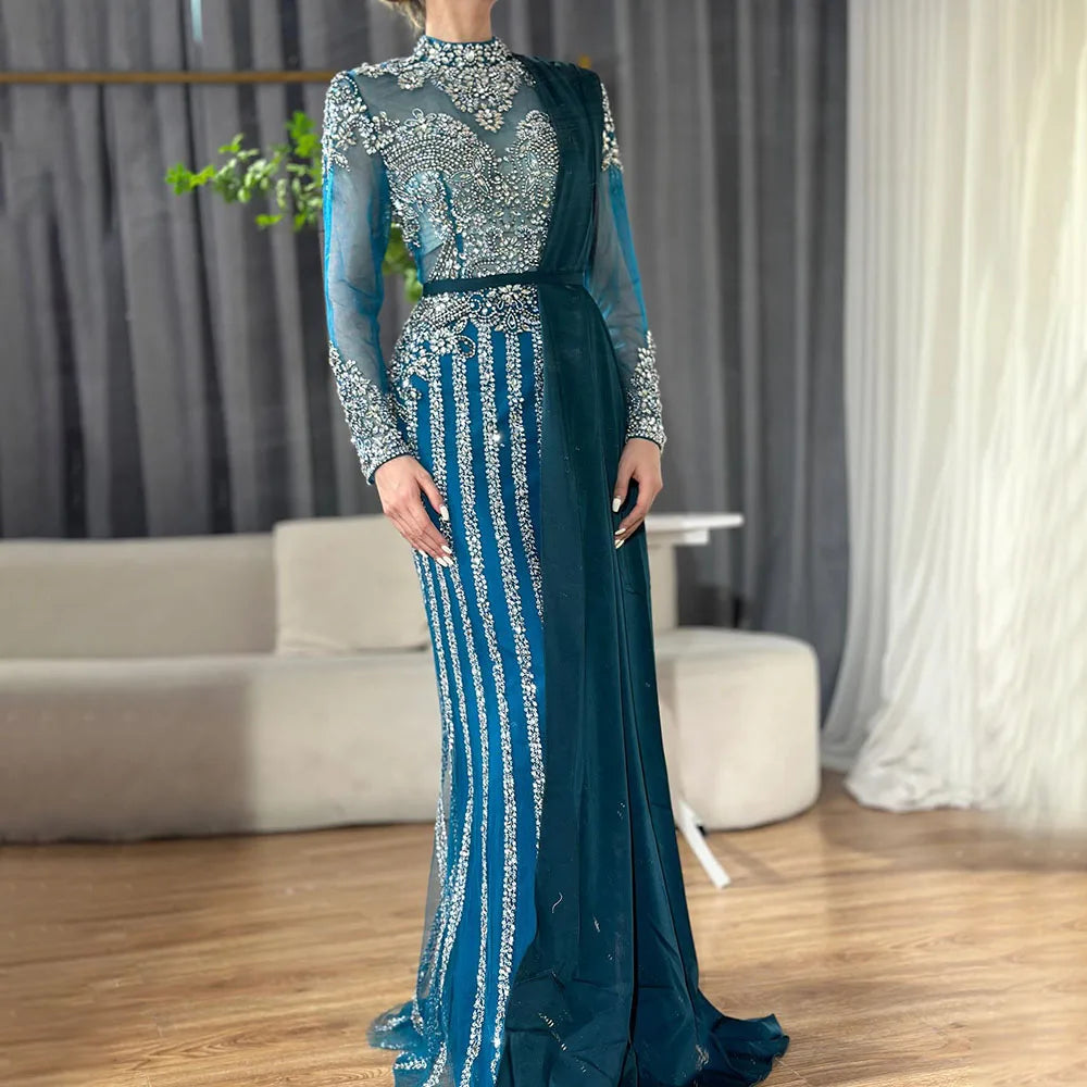 Serene Hill Luxury Muslim Gray Luxury Long Elegant with Detachable Train Mermaid Evening Gowns Dresses For Woman LA70199 - SERENE HILL