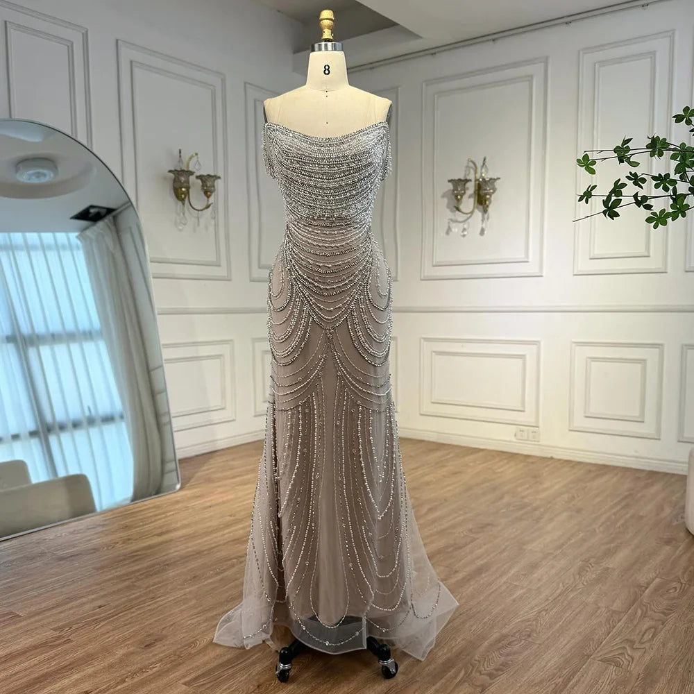 White Nude Beaded Mermaid Evening Dress with Satin Cape LA72253B - SERENE HILL