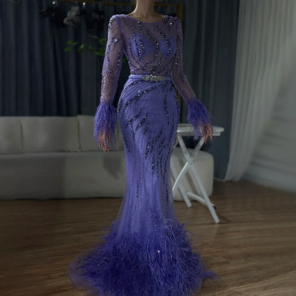 Serene Hill Elegant Mermaid Evening Dress Arabic Purple Beaded Feathers | Luxury Gown for Women&