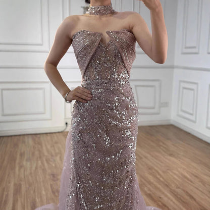 Luxury Gray Beaded Evening Dress with Long Cape LA73159 - SERENE HILL