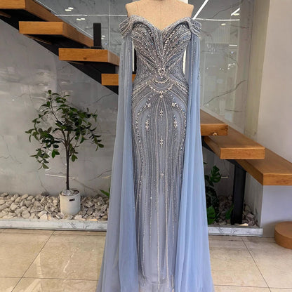 Luxury Blue Beaded Cape Sleeve Saudi Arabic Evening Dress LA73151 - SERENE HILL