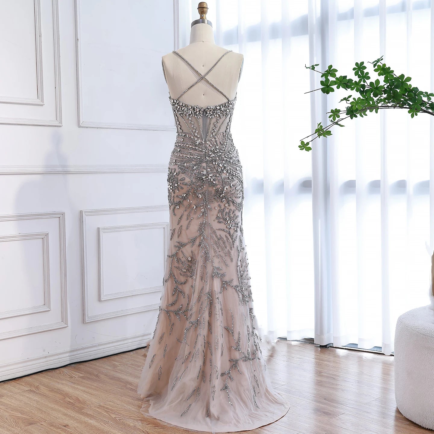 Luxury Evening Dress Grey Beaded With Cape Prom Gown LA73342 - SERENE HILL