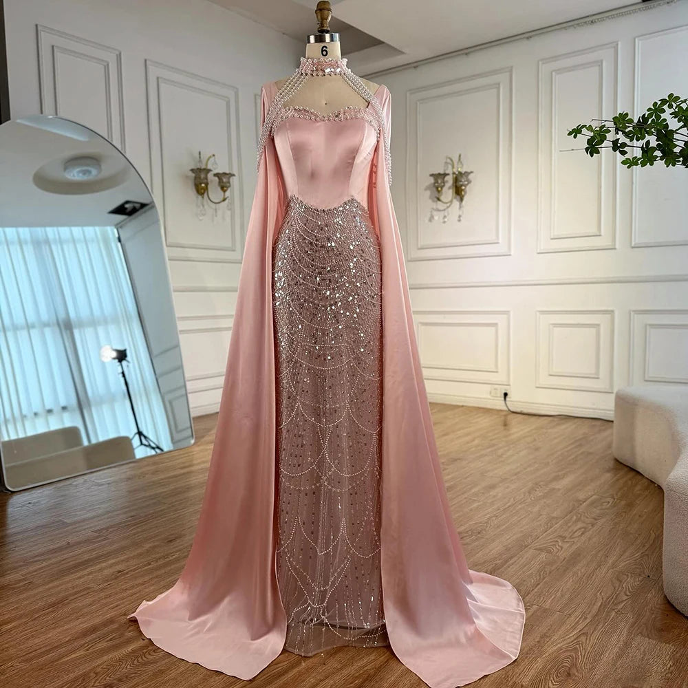Luxury Arabic Pearls Pink Evening Dress with Cape LA73051 - SERENE HILL