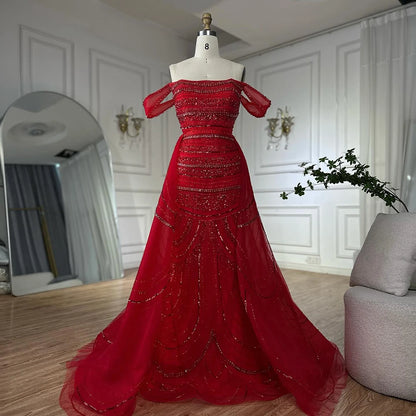 Luxury Pink Mermaid Beaded Evening Gown with Detachable Satin Overskirt LA72781 - SERENE HILL