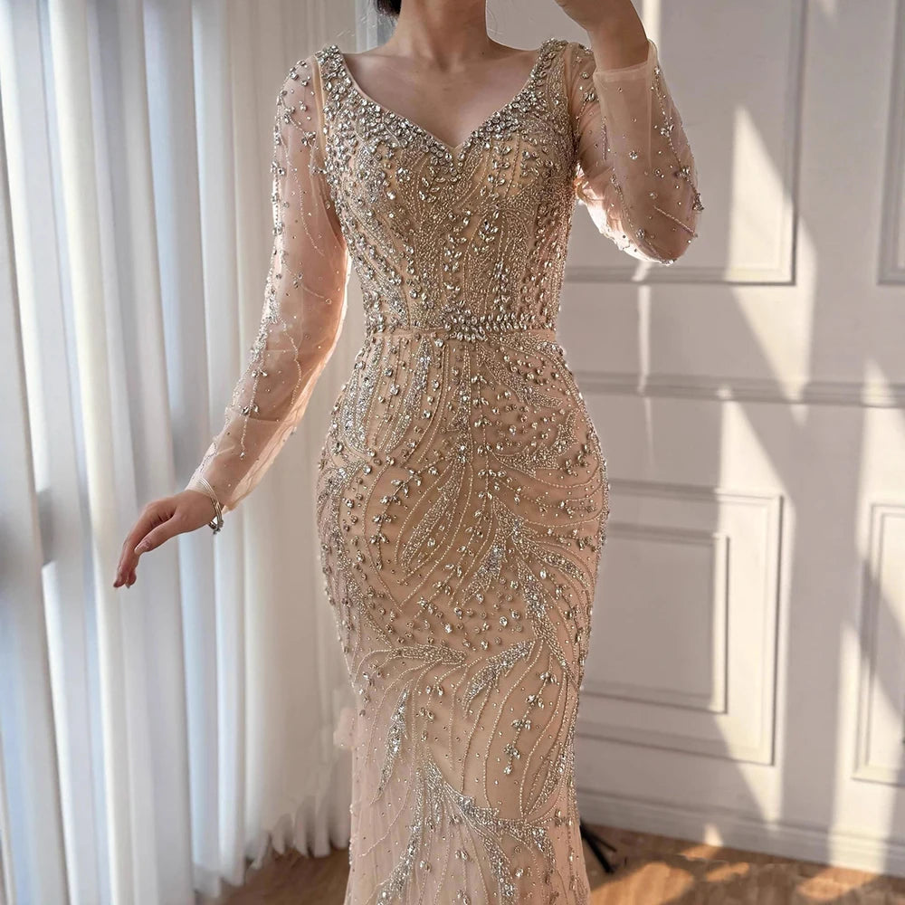 Luxury Muslim Nude Arabic Mermaid Beaded Evening Dress LA73191 - SERENE HILL
