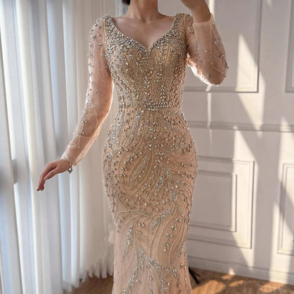 Luxury Muslim Nude Arabic Mermaid Beaded Evening Dress LA73191 - SERENE HILL