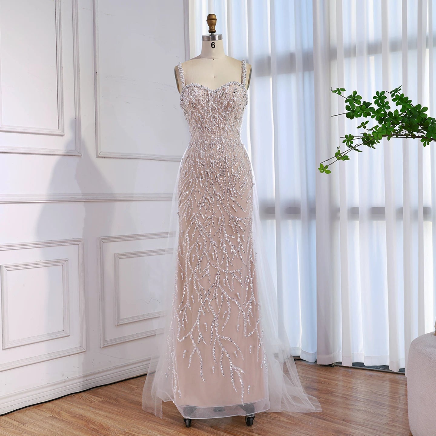 Luxury Lace Pearls Mermaid Evening Dress With Glove White Nude LA72345E - SERENE HILL