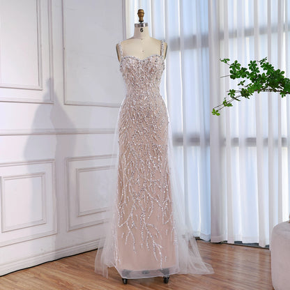 Luxury Lace Pearls Mermaid Evening Dress With Glove White Nude LA72345E - SERENE HILL