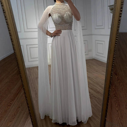 Luxury Nude Chiffon Beaded Evening Dress with Cape LA73144 - SERENE HILL