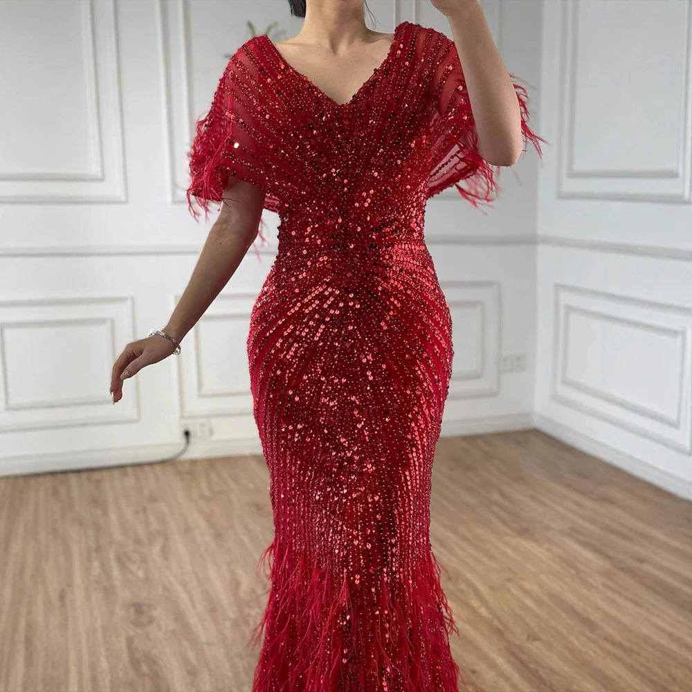 Luxury Arabic Red Mermaid Evening Dress with Feathers Beaded LA71323A - SERENE HILL