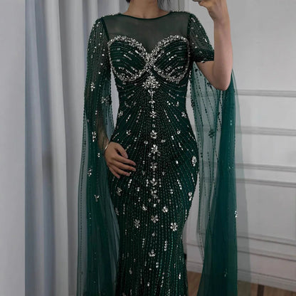 Luxury Green Beaded Mermaid Dress with Cape Sleeves LA73115 - SERENE HILL