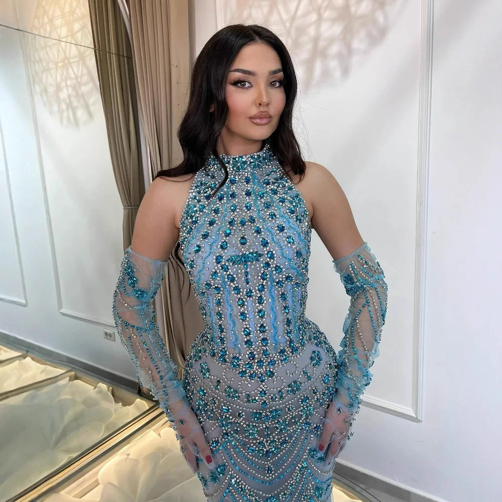 Luxury Dubai Arabic Blue Beaded Evening Dress with Gloves LA72760A - SERENE HILL