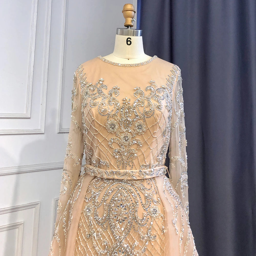 Luxury Nude Beaded Mermaid Evening Dress with Overskirt LA71352 - SERENE HILL
