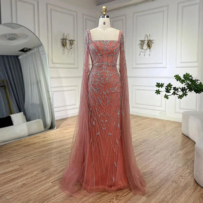Nude Pink Luxury Evening Dresses with Cape Sleeves LA72261 - SERENE HILL