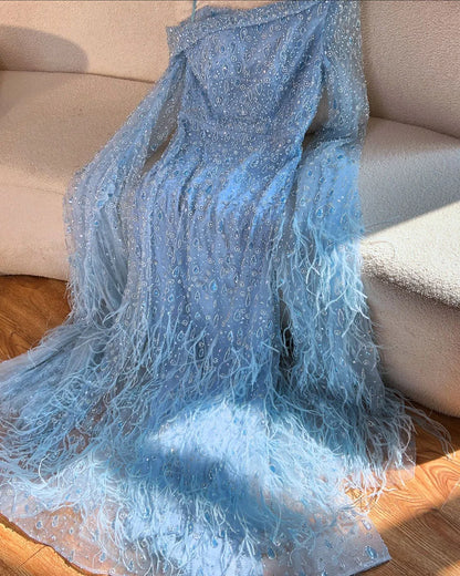 Luxury Feather One Shoulder Evening Dress with Cape Sleeves LA72763 - SERENE HILL