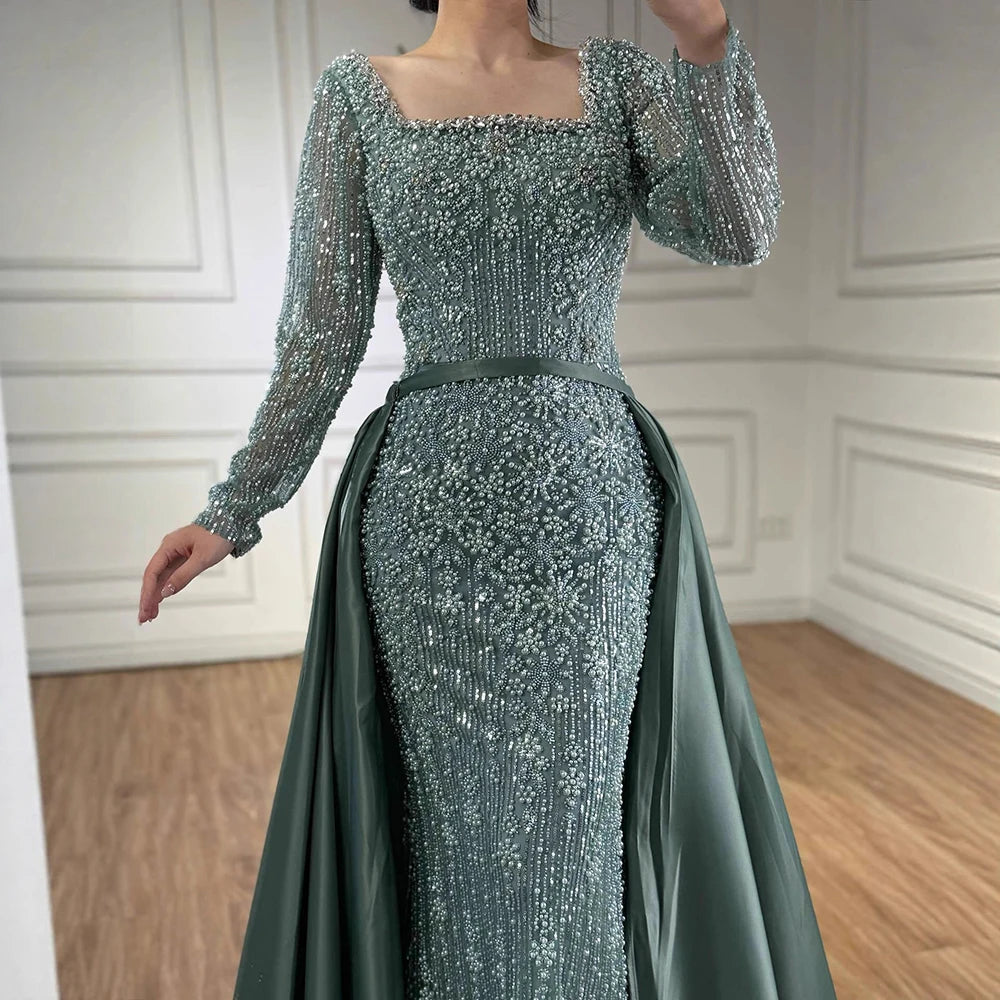 Luxury Dubai Arabic Muslim Caramel Mermaid Beaded Evening Gown with Overskirt LA72533A - SERENE HILL