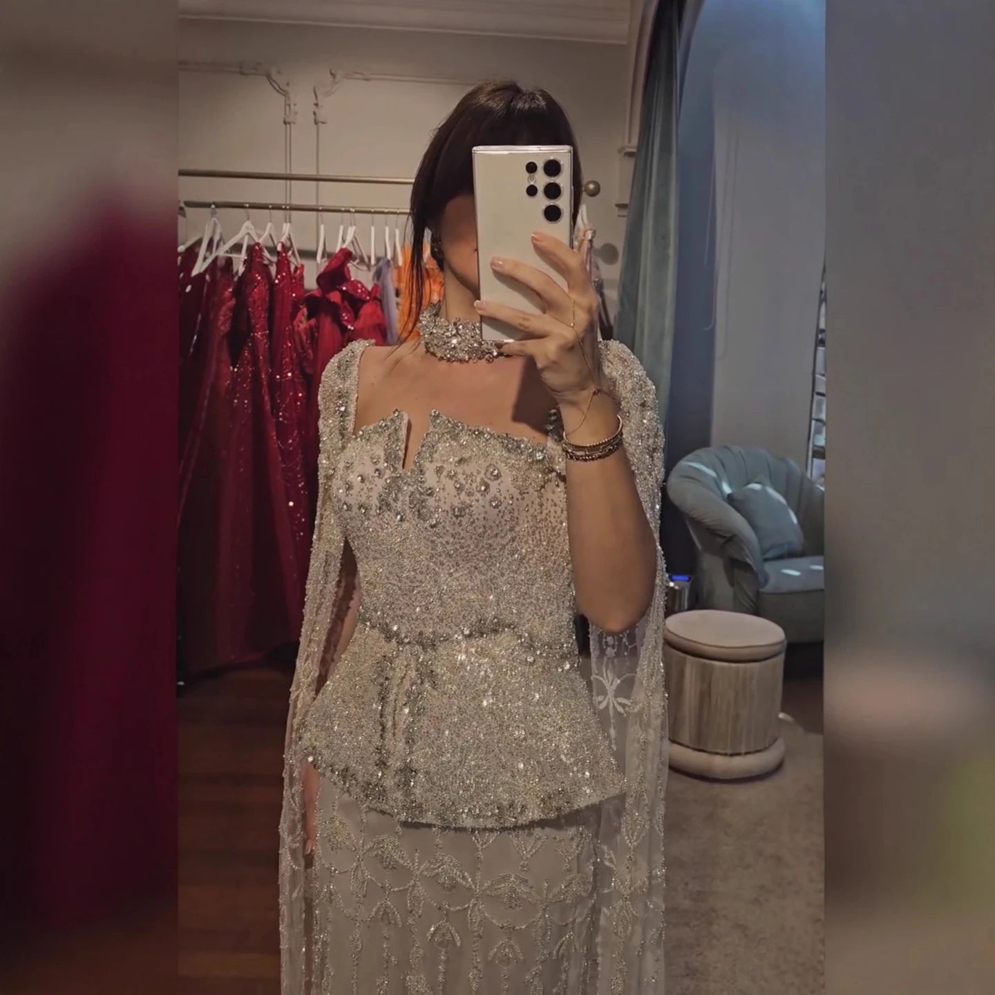 Luxury Silver Dubai Crystal Beaded Evening Dress with Cape LA73274 - SERENE HILL