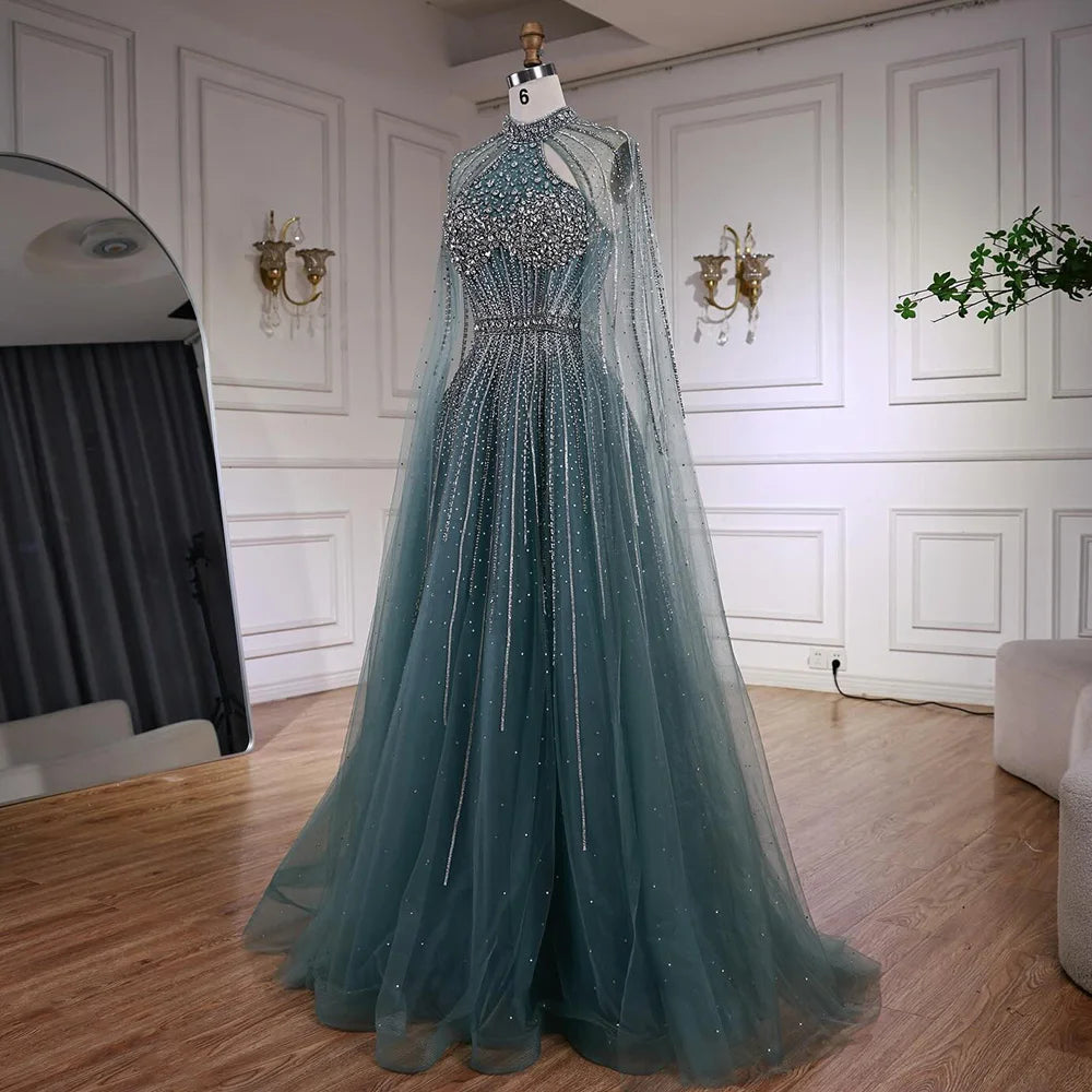 Luxury Beaded A-Line Evening Dress with Cape Sleeves LA73054 - SERENE HILL