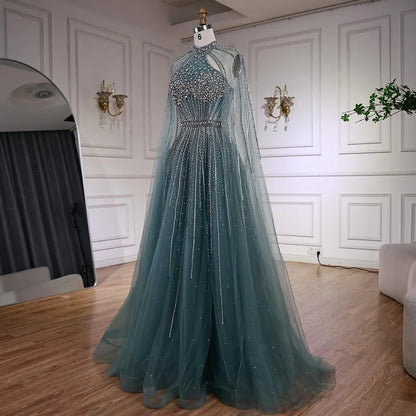 Luxury Beaded A-Line Evening Dress with Cape Sleeves LA73054 - SERENE HILL