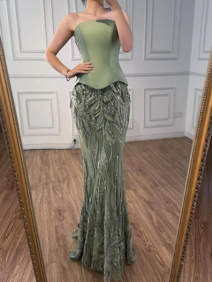 Luxury Sage Green Beaded Mermaid Evening Dress with Cape Collar LA73110 - SERENE HILL