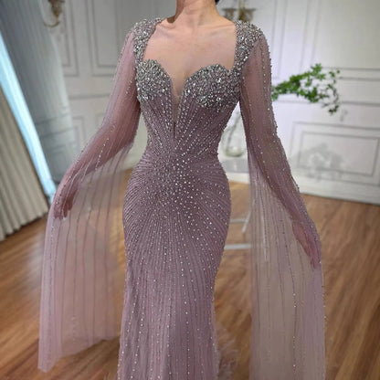 Luxury Caramel Crystal Beaded Mermaid Evening Dress with Cape LA72575D - SERENE HILL