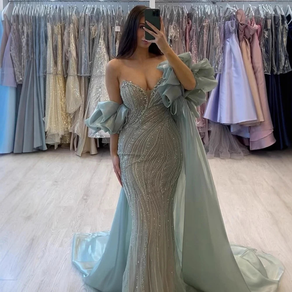 Luxury Designer Red Beaded Mermaid Evening Dress with Cape LA72896 - SERENE HILL