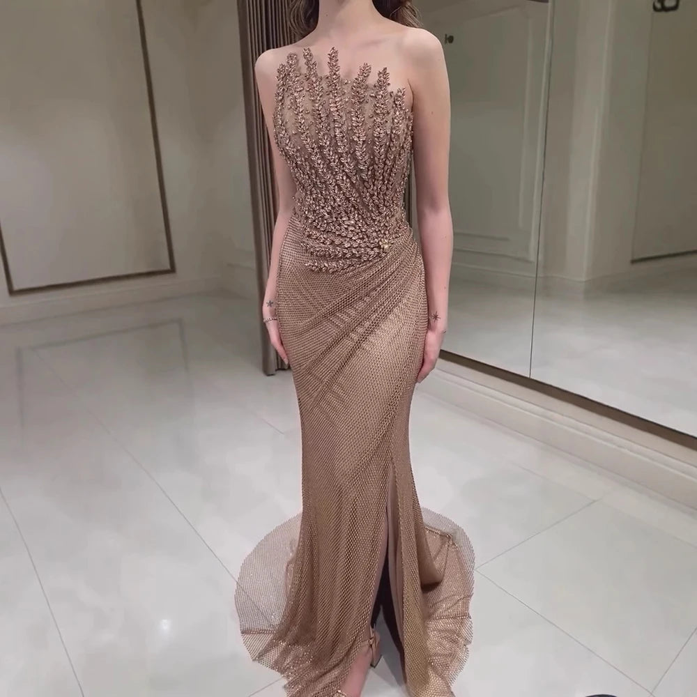 Luxury Caramel Mermaid Evening Dress Split LA72985 - SERENE HILL