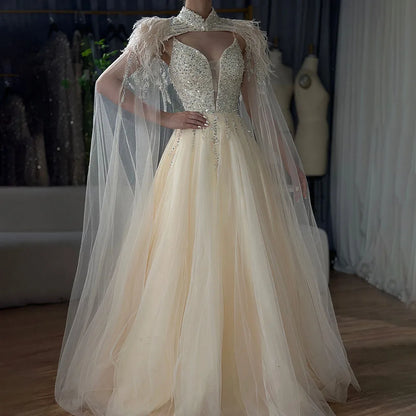 Luxury Dubai Arabic Beige A-Line Feathers Long Cape Luxury Beaded Saudi Evening Dresses Gowns for Formal Occasion LA72722 - SERENE HILL