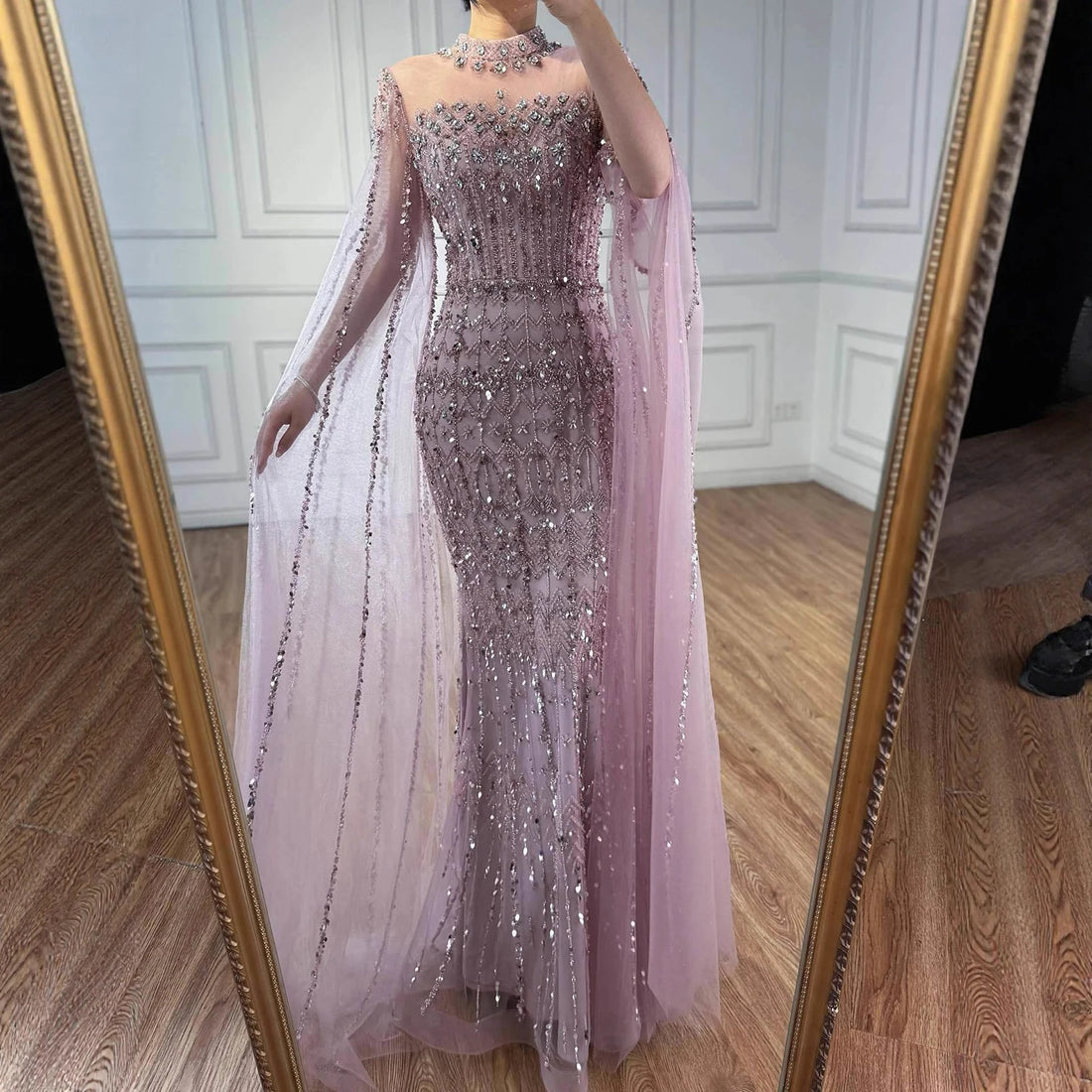 Luxury Nude Beaded Evening Dress with Long Cape Sleeves LA72714A - SERENE HILL