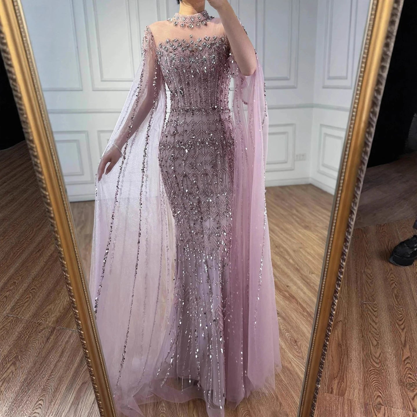 Luxury Nude Beaded Evening Dress with Long Cape Sleeves LA72714A - SERENE HILL
