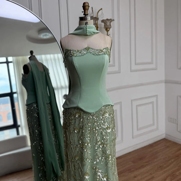 Luxury Sage Green Strapless Beaded Mermaid Evening Dress LA73050C