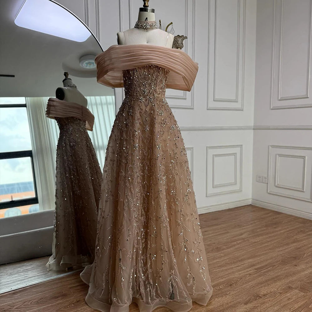 Glamorous Silver Gray Off-Shoulder Beaded Evening Dress LA73062 - SERENE HILL