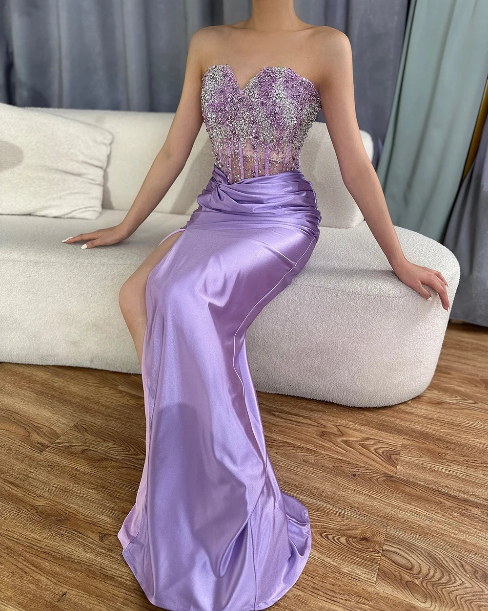 Serene Hill Luxury Dubai Lilac Split Mermaid Beaded Arabic Evening Dresses Gowns for Women Wedding Party 2025 LA72329 - SERENE HILL