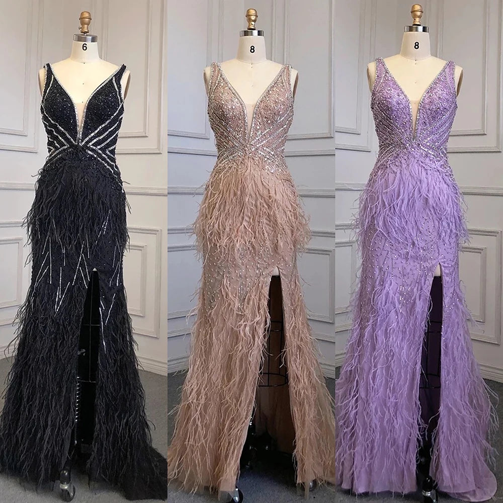 Serene Hill Gold Sexy High Split Mermaid Evening Dresses Gowns Backless Luxury Beaded Feather 2025 For Women Party LA71583 - SERENE HILL