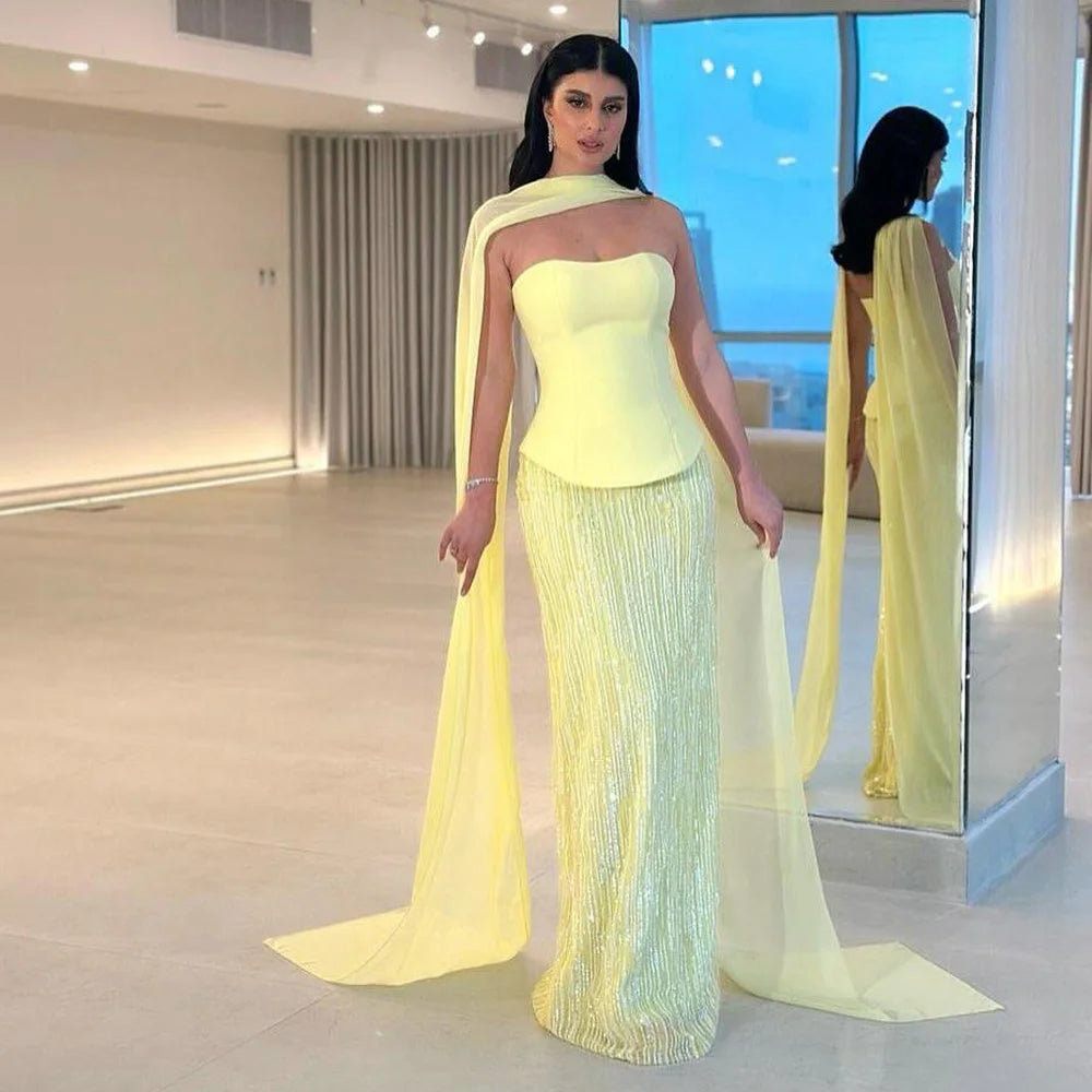 Luxury Yellow Chiffon Mermaid Evening Dress with Cape LA73007 - SERENE HILL